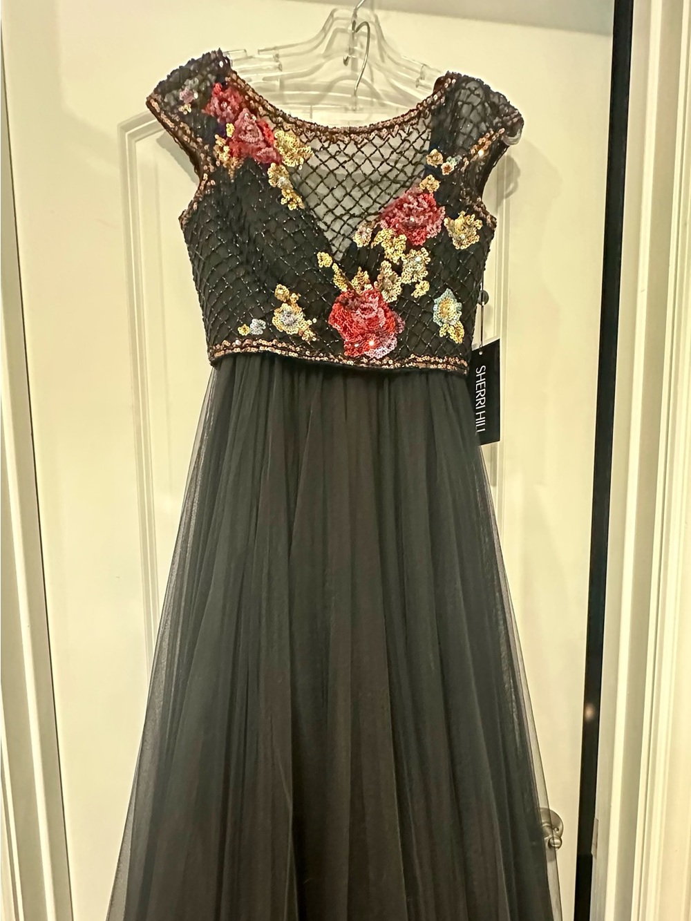 Sherri Hill Black Tulle Dress with Floral Appliqué